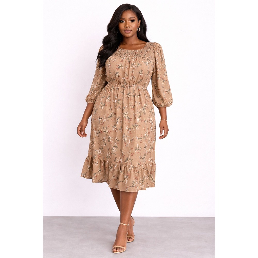 Luna Cottagecore Floral Smocked Midi Dress Medium Tan Prairie Boho Romantic